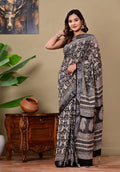 Black & Off-White Floral Jaal Bagru Hand Block Print Linen Cotton Saree With Blouse Piece