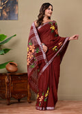 Rust & Yellow Floral Motifs Bagru Hand Block Print Linen Cotton Saree With Blouse Piece