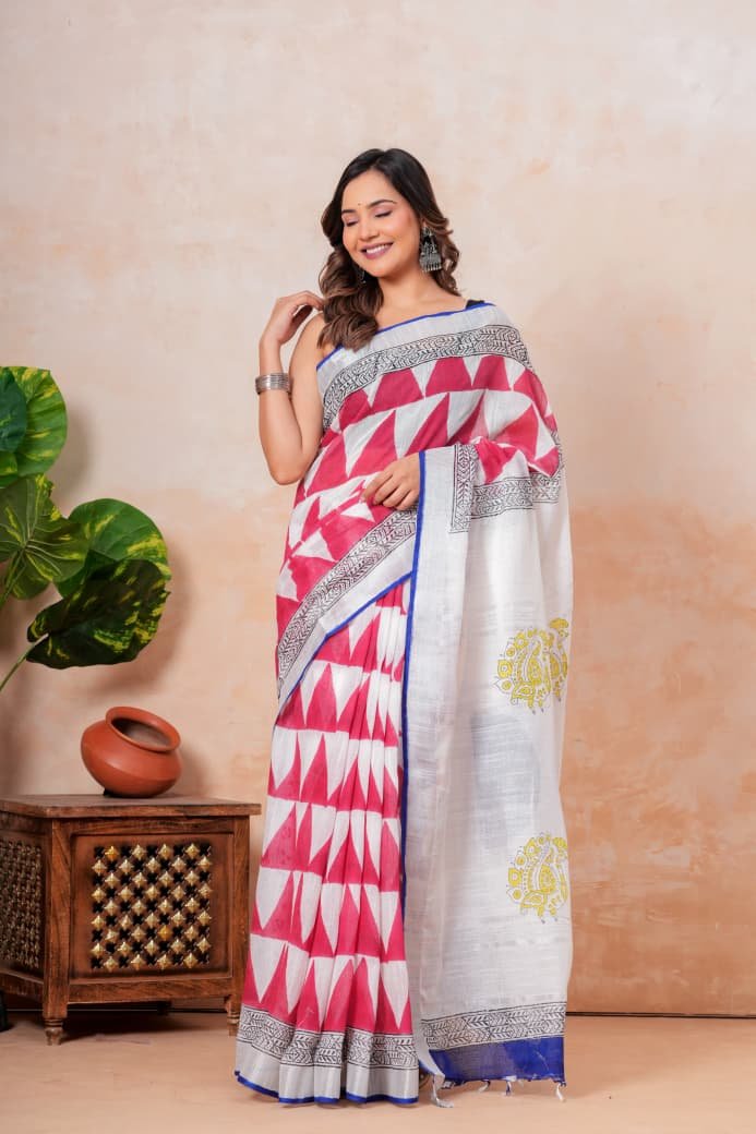 Red and white saree with geometric block print and intricate borders