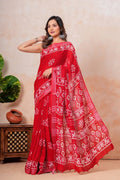 Red & White Floral Buti Bagru Hand Block Print Linen Cotton Saree With Blouse Piece