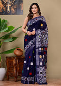 Navy & White Polka Dot Bagru Hand Block Print Linen Cotton Saree With Blouse Piece