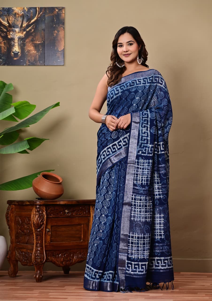 Navy blue saree with geometric hand block print design and natural linen texture