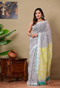 Black & White Striped Bagru Hand Block Print Linen Cotton Saree With Blouse Piece