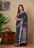 Black & White Floral Buti Bagru Hand Block Print Linen Cotton Saree With Blouse Piece