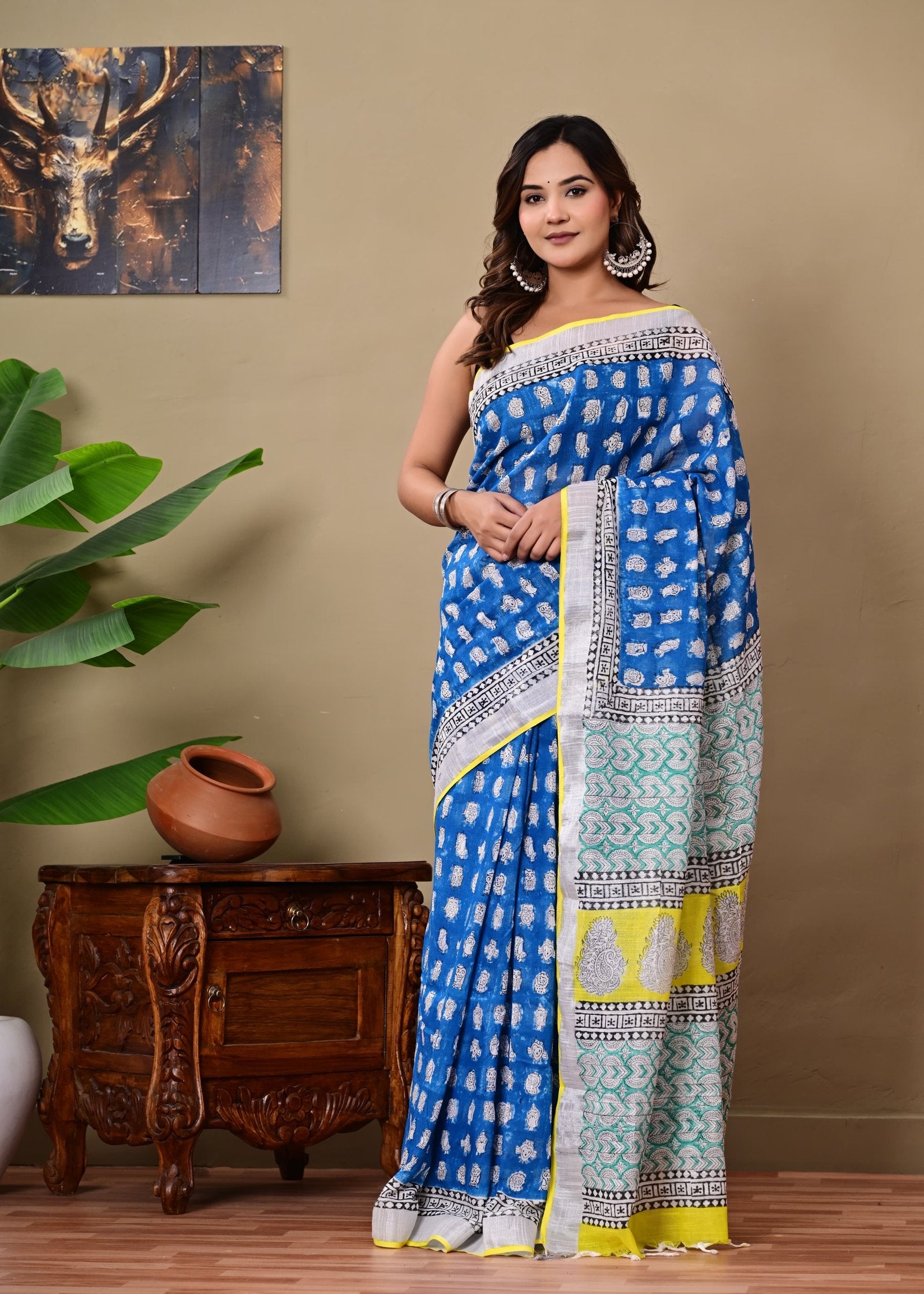 Blue saree with white buta motifs, Bagru hand block print, linen-cotton fabric