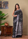 Black & White Floral Buti Bagru Hand Block Print Linen Cotton Saree With Blouse Piece