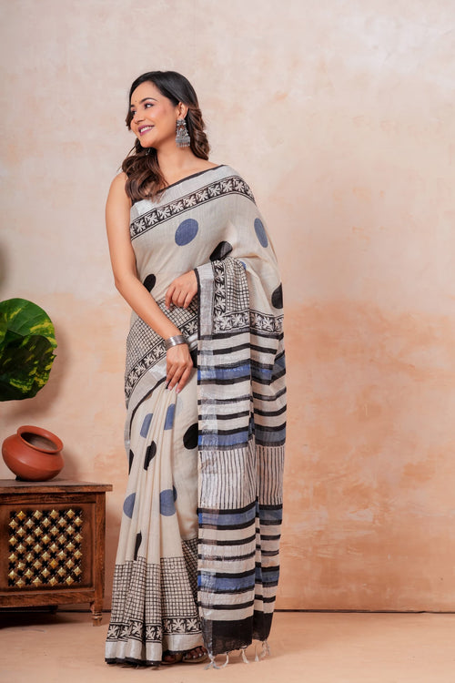 Black & Beige Polka Dot Bagru Hand Block Print Linen Cotton Saree With Blouse Piece