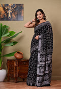 Black & White Floral Buti Bagru Hand Block Print Linen Cotton Saree With Blouse Piece