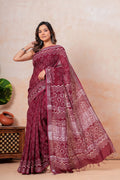 Maroon & Off-White Geometric Jaal Bagru Hand Block Print Linen Cotton Saree With Blouse Piece
