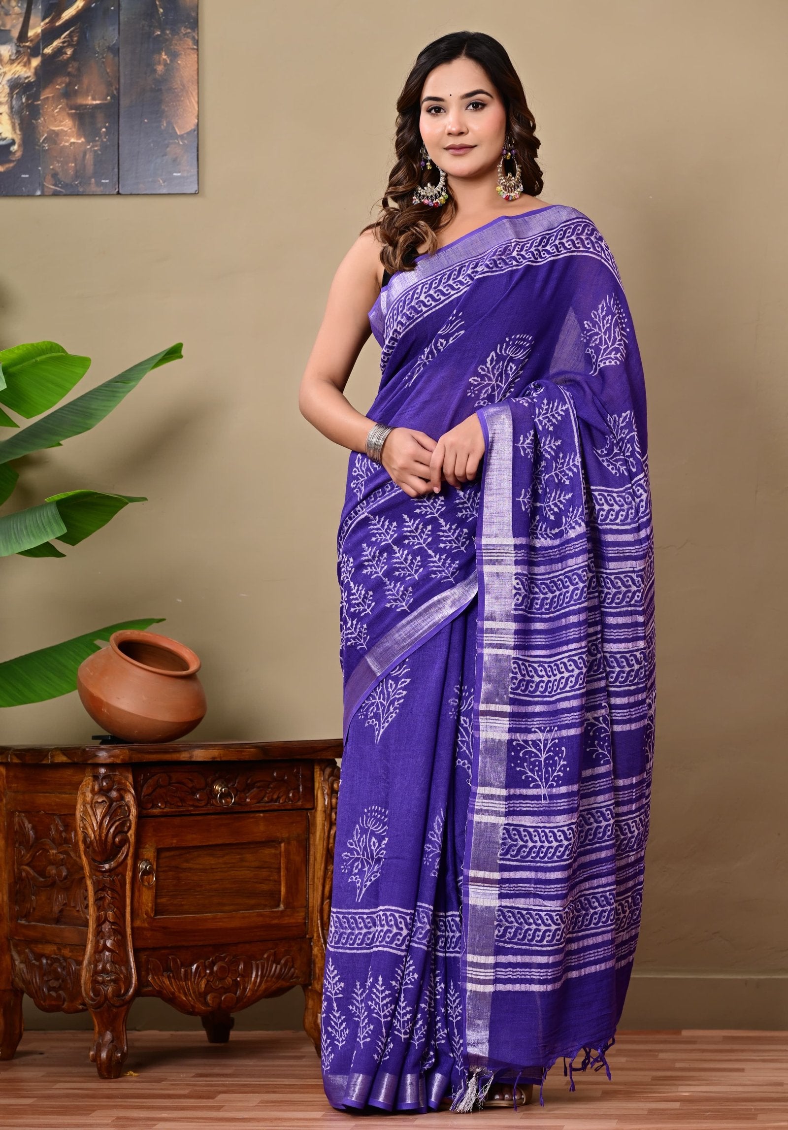 Purple saree with floral Bagru hand block print, natural texture