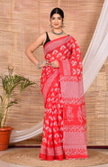Red & White Floral Buti Bagru Screen Print Cotton Saree With Blouse Piece