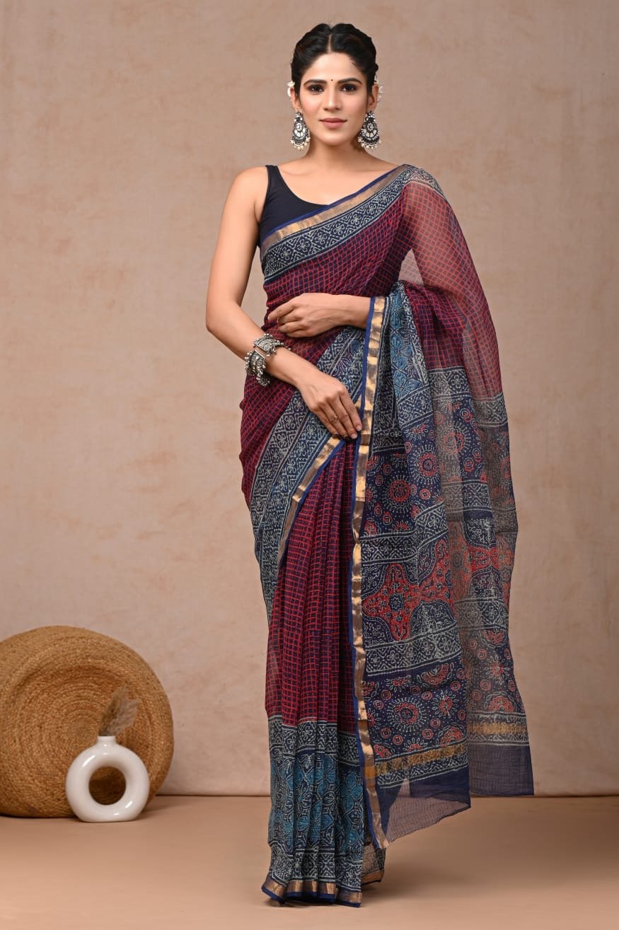Maroon and blue saree with floral and geometric Bagru print and gold border