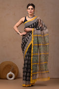 Black & Yellow Floral Buti Bagru Hand Block Print Kota Doriya Silk Saree With Blouse Piece