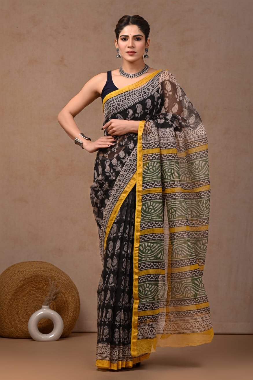 Black and yellow saree with floral Bagru hand block print and contrasting border