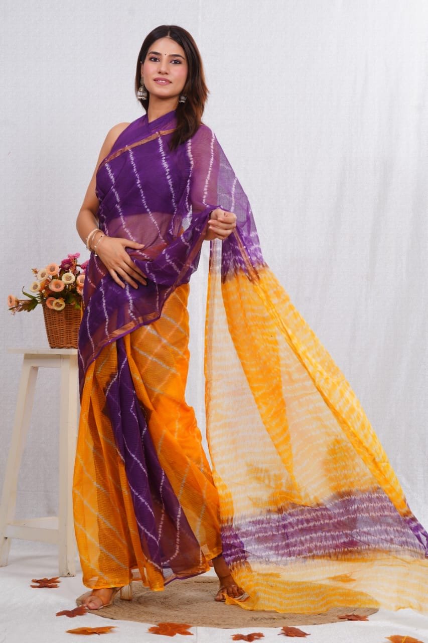 Purple and yellow Kota Doriya saree with Bagru hand block stripe pattern