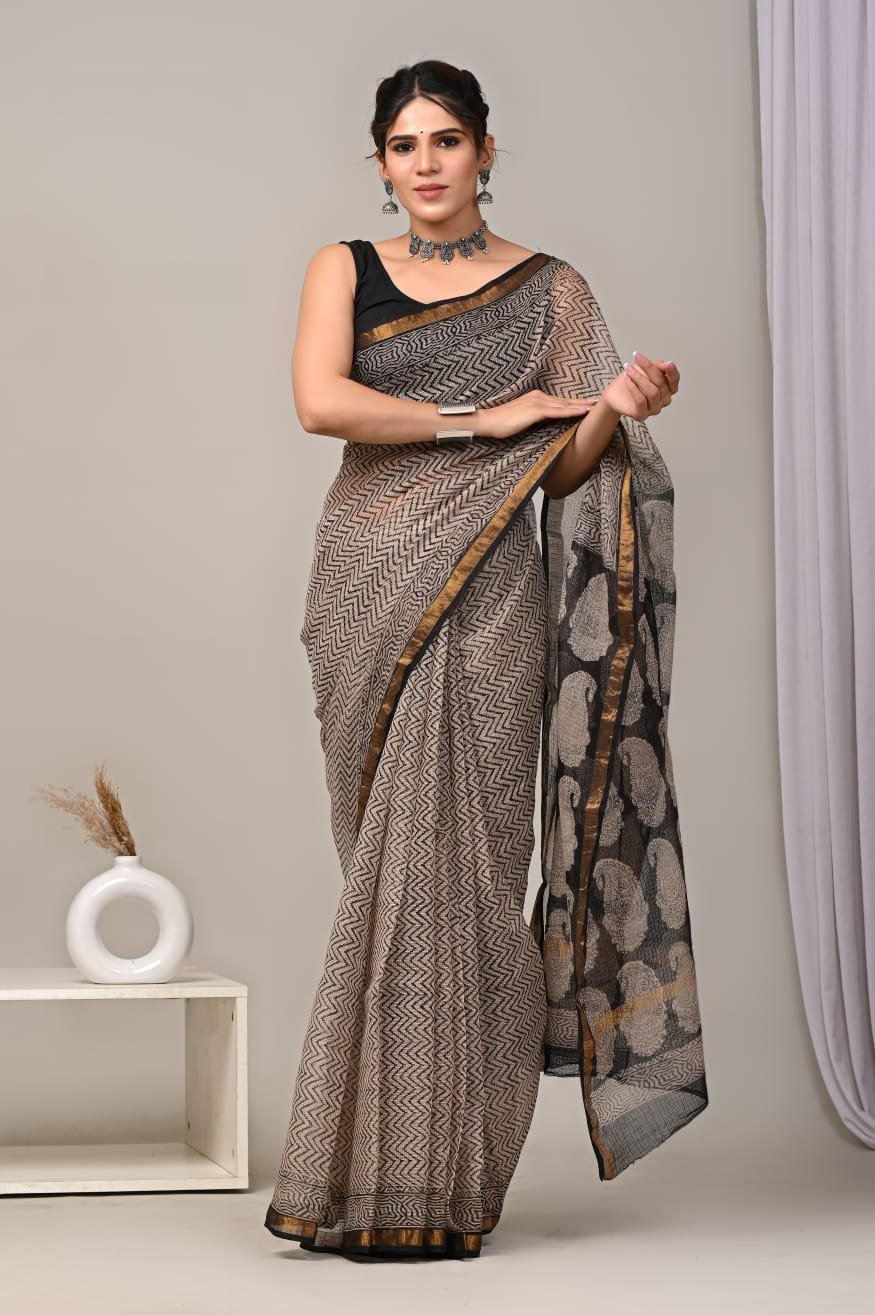 Black and beige saree with geometric and circular motifs, Kota Doriya fabric