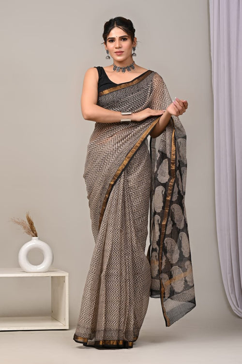 Black & Beige Geometric Chevron Bagru Hand Block Printed Kota Doriya Silk Saree With Blouse Piece