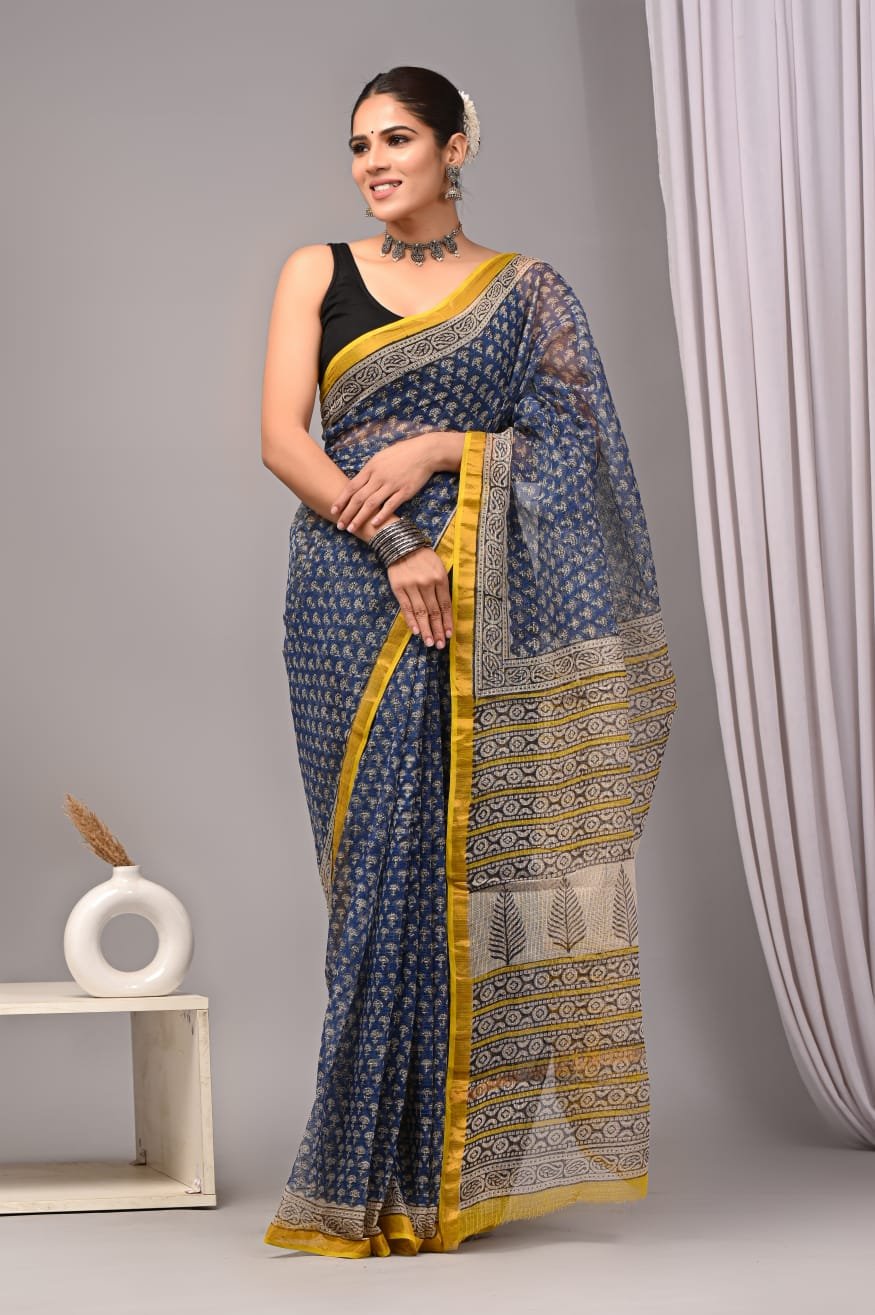 Blue Kota Doriya saree with floral Bagru print and yellow border