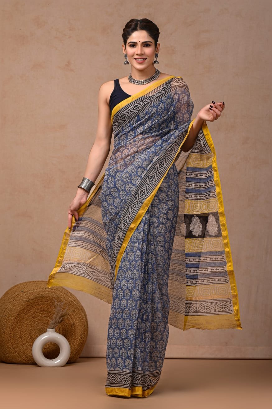 Navy blue saree with floral motif, yellow and black border