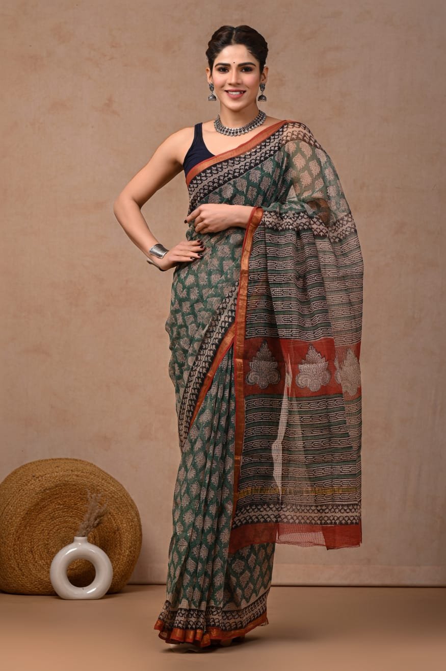 Green saree with floral motifs, hand block printed, festive silk