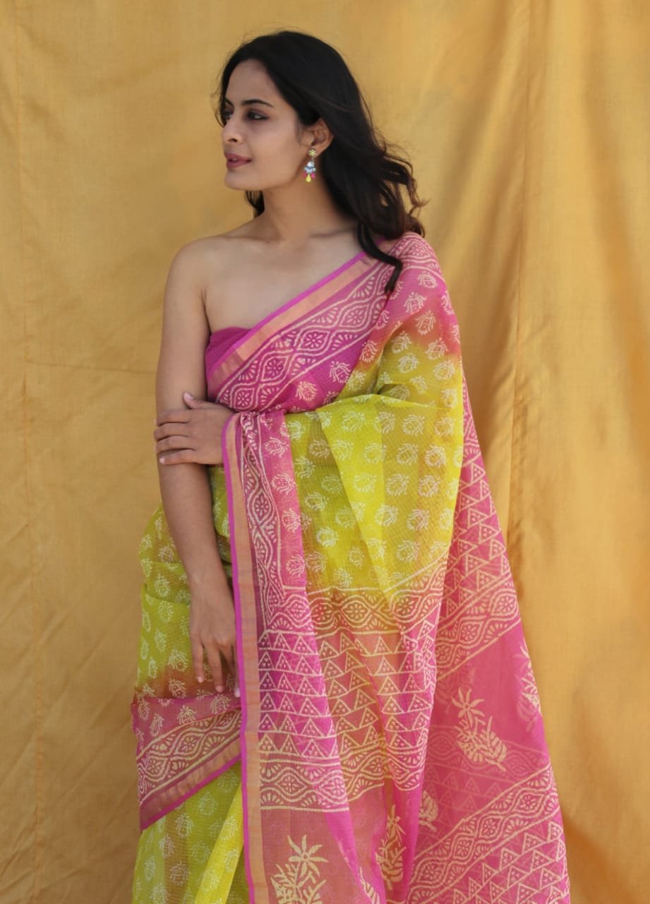 Pink and yellow saree with floral Bagru hand block print and geometric patterns