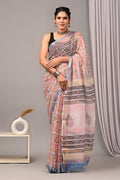 Pink & Grey Floral Motif Bagru Hand Block Print Kota Doriya Silk Saree With Blouse Piece