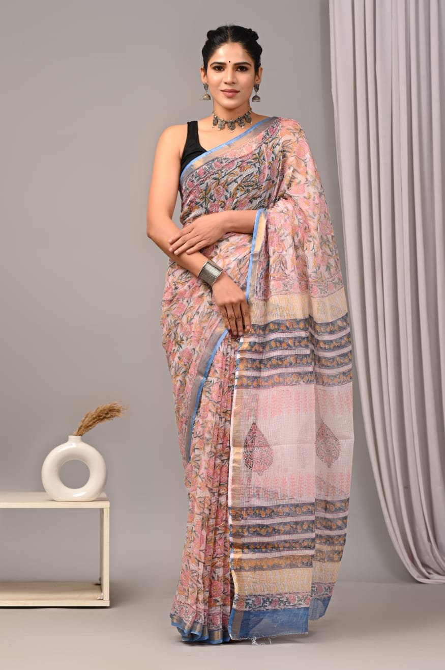 Pastel Kota Doriya silk saree with floral Bagru hand block print