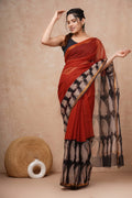 Rust & Black Paisley Motifs Bagru Hand Block Print Kota Doriya Silk Saree With Blouse Piece