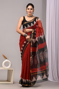Red & Black Geometric Paisley Bagru Hand Block Print Kota Doriya Silk Saree With Blouse Piece