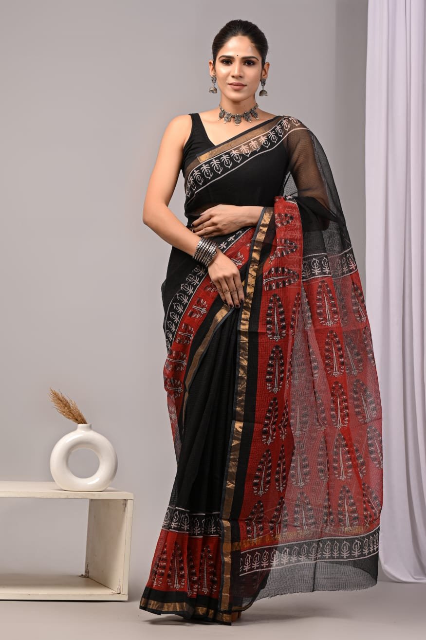 Black and red Kota Doriya saree with leaf motifs and Bagru prints