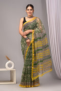 Green & Yellow Floral Buti Bagru Hand Block Print Kota Doriya Silk Saree With Blouse Piece