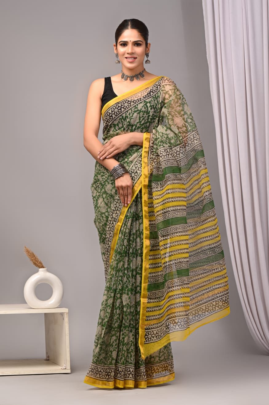Green floral and yellow bordered Bagru hand block print Kota Doriya saree