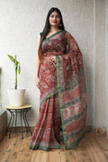 Red & Green Paisley Motifs Bagru Hand Block Print Kota Doriya Silk Saree With Blouse Piece