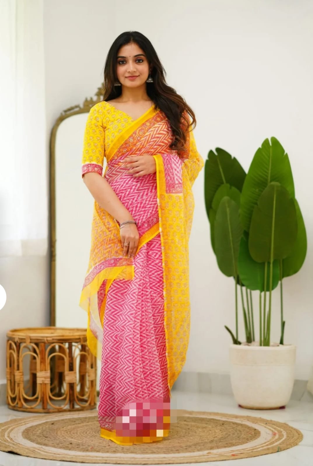 Yellow and pink saree with floral Bagru hand block print in Kota Doriya fabric