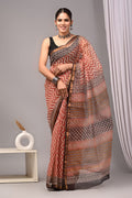 Rust & Brown Geometric Chevron Bagru Hand Block Printed Kota Doriya Silk Saree With Blouse Piece