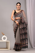 Black & Off-White Striped Leafy Buta Bagru Hand Block Print Kota Doriya Silk Saree With Blouse Piece
