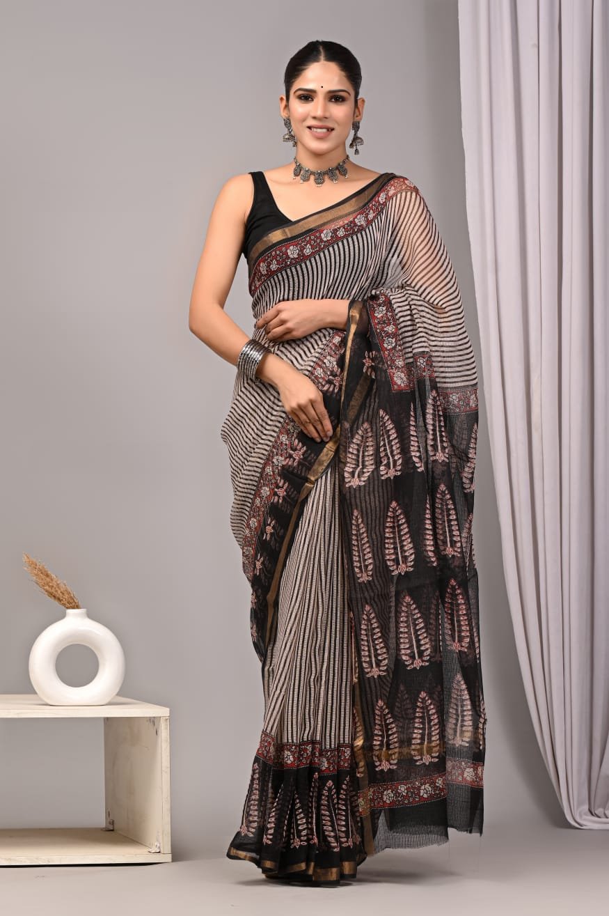 Black and white striped saree with Bagru hand block print and leaf motifs