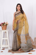 Yellow & Black Floral Buti Bagru Hand Block Print Kota Doriya Silk Saree With Blouse Piece
