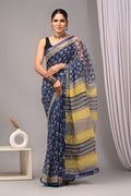 Navy & Yellow Floral Buti Bagru Hand Block Print Kota Doriya Silk Saree With Blouse Piece