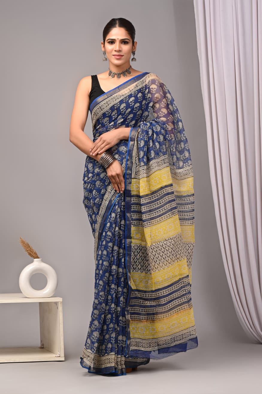 Navy blue and yellow Kota Doriya saree with floral and geometric motifs