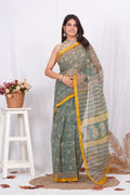 Green & Yellow Floral Buti Bagru Hand Block Print Kota Doriya Silk Saree With Blouse Piece