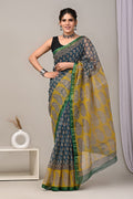 Indigo Blue & Mustard Yellow Paisley Motifs Bagru Hand Block Print Kota Doriya Silk Saree With Blouse Piece