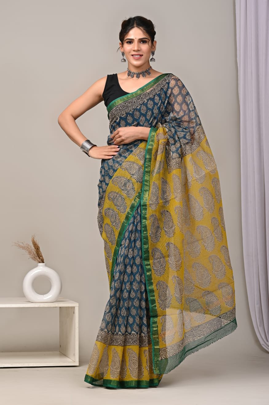 Yellow and blue saree with paisley Bagru hand block print and green border