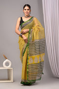 Yellow & Green Floral Buti Bagru Hand Block Print Kota Doriya Silk Saree With Blouse Piece