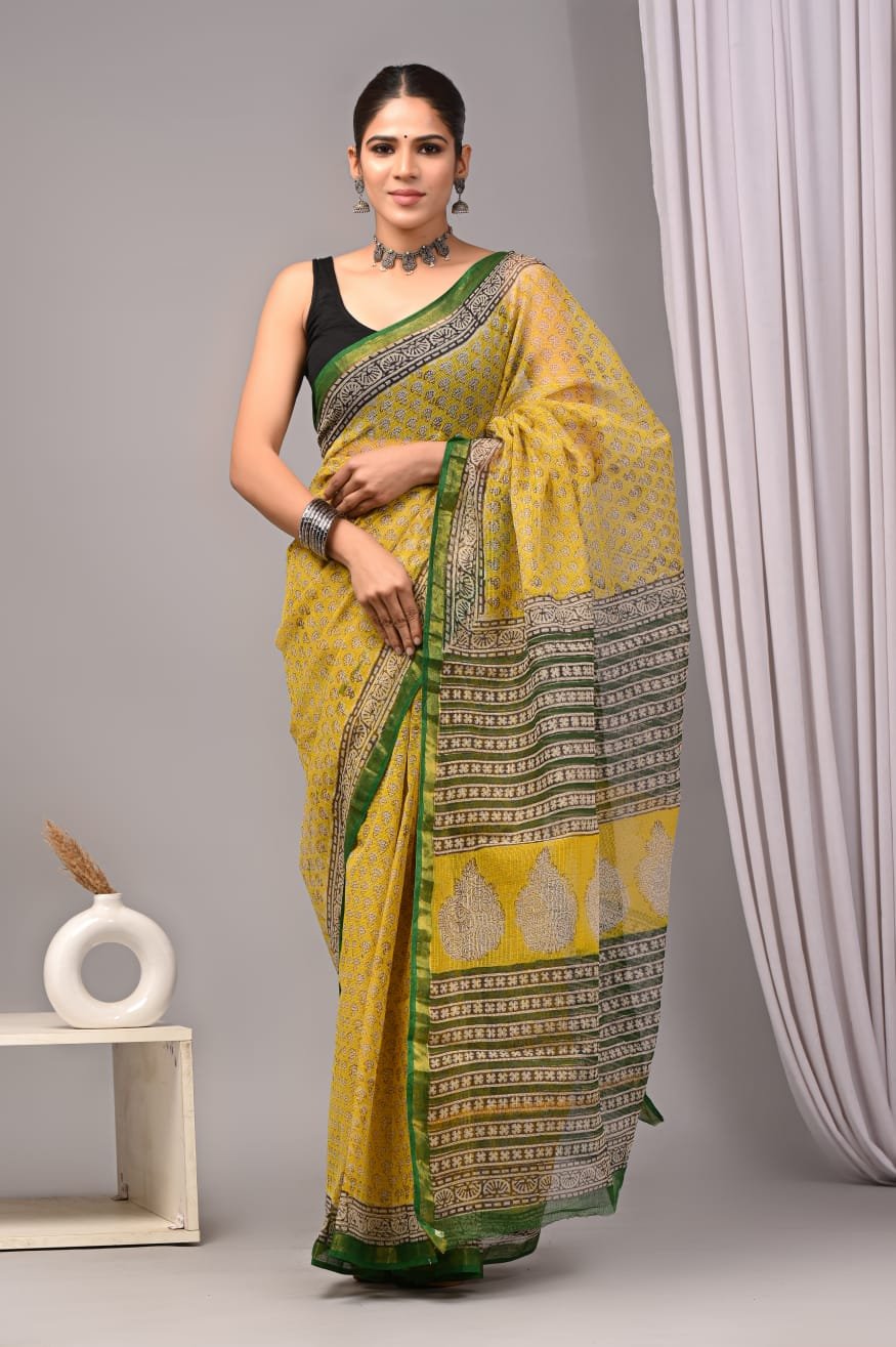 Yellow Kota Doriya saree with green floral Bagru hand block print border