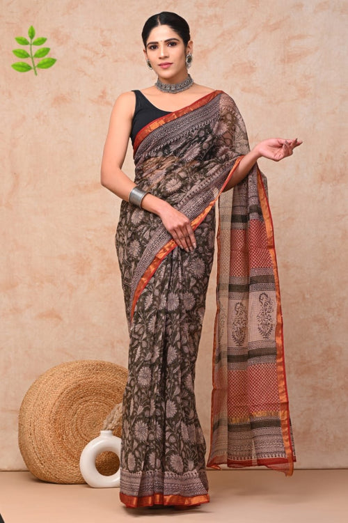 Black & Maroon Floral Buti Bagru Hand Block Print Kota Doriya Silk Saree With Blouse Piece