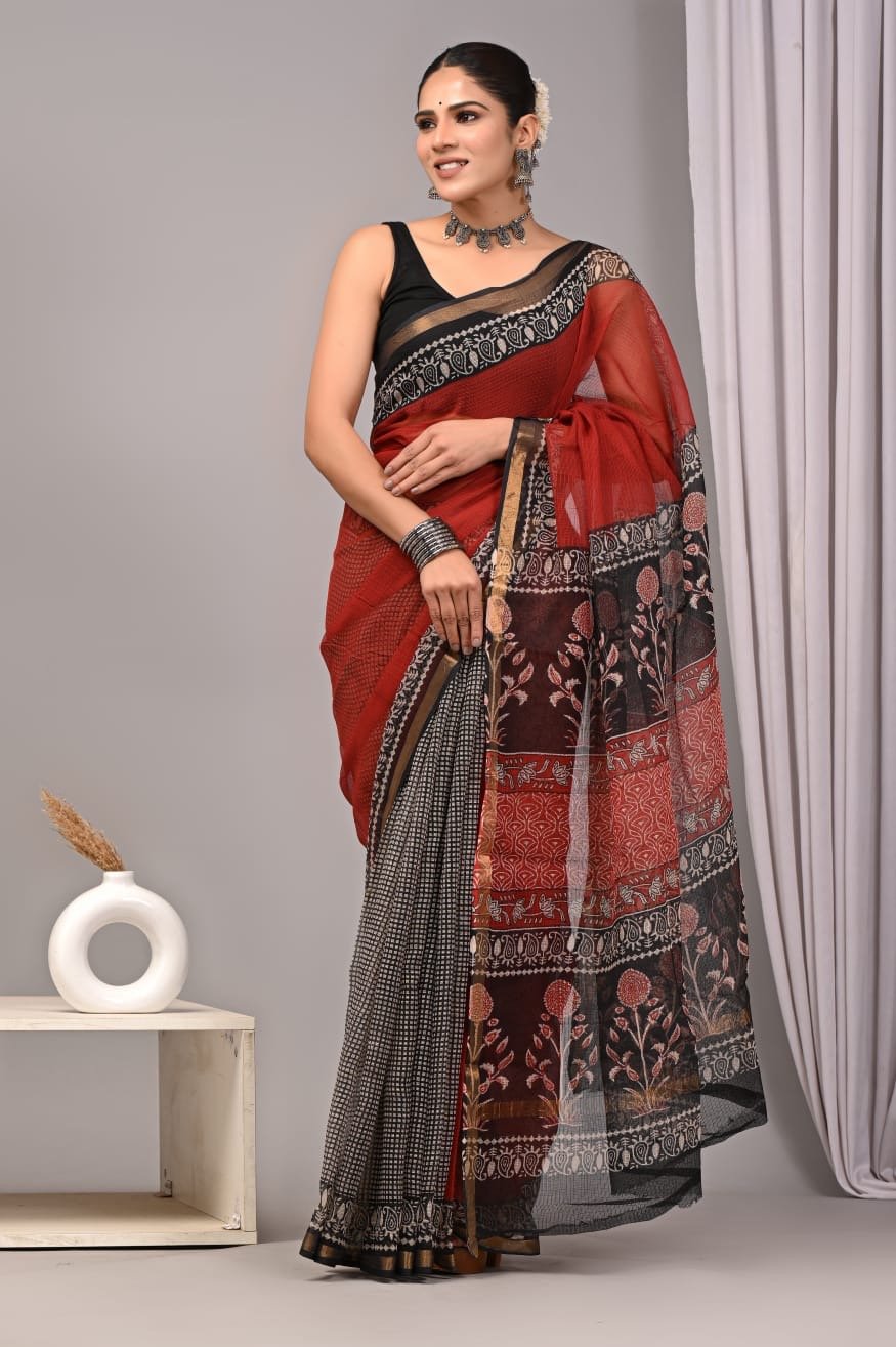Black and red Kota Doriya silk saree with floral Bagru hand block print motifs