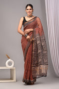Rust & Black Floral Buti Bagru Hand Block Print Kota Doriya Silk Saree With Blouse Piece