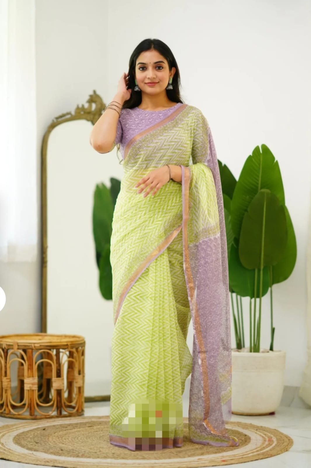 Lime green and lavender saree with zigzag motifs and elegant border