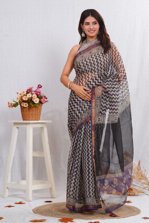 Black & Beige Geometric Chevron Bagru Hand Block Print Kota Doriya Silk Saree With Blouse Piece
